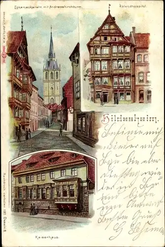 Litho Hildesheim in Niedersachsen, Eckemeckerstraße m. Andreaskirchturm, Rolandhospital, Kaiserhaus