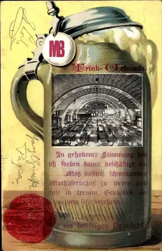 Ak München, Trink Urkunde, Gasthaus Mathäserbräu-Bierhalle, Ansicht auf Bierkrug