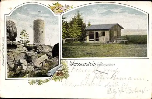 Ak Weißenstein bei Stammbach in Oberfranken, Aussichtsturm und Hütte