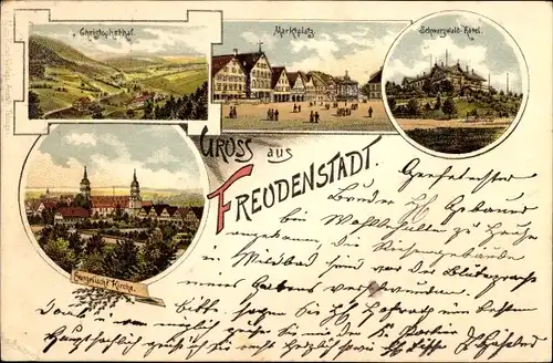 Litho Freudenstadt im Schwarzwald, Christophstal, Markt, Schwarzwaldhotel, Kirche