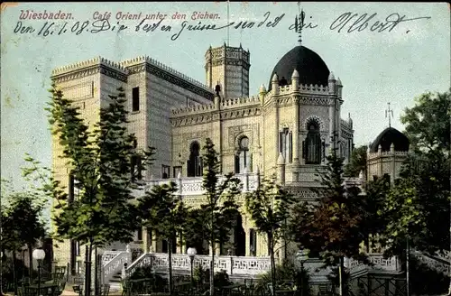 Ak Wiesbaden in Hessen, Café Orient unter den Eichen, Seitenansicht