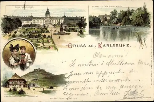 Litho Karlsruhe in Baden, Residenzschloss, Stadtgarten, Badische Tracht, Schwarzwaldhaus