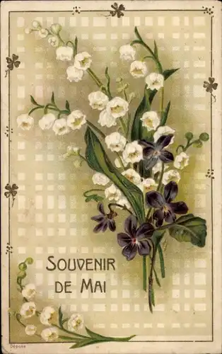 Präge Ak Blumenstrauß, Maiglöckchen, Veilchen, Kitsch