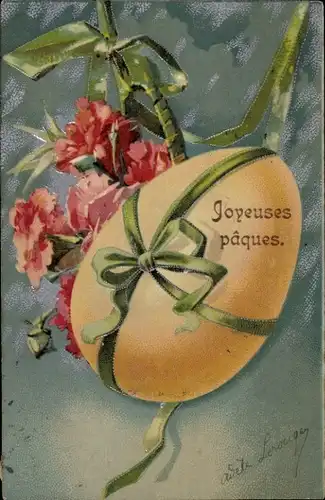 Präge Litho Glückwunsch Ostern, Osterei, Schleife, Blumen