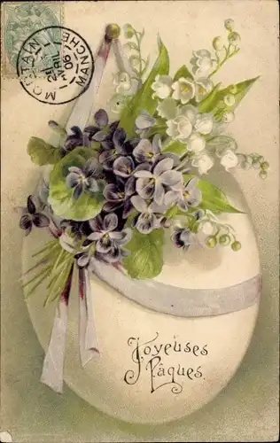 Präge Ak Glückwunsch Ostern, Osterei, Veilchen, Maiglöckchen, Blumenstrauß