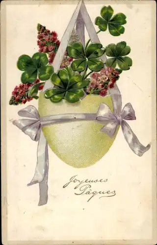 Präge Ak Glückwunsch Ostern, Glücksklee, Blumen, Schleife