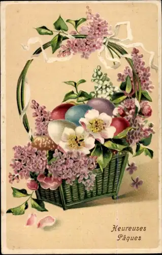Präge Ak Glückwunsch Ostern, Ostereier, Blumenkorb