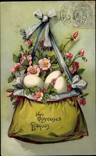 Präge Ak Glückwunsch Ostern, Ostereier, Beutel, Blumen
