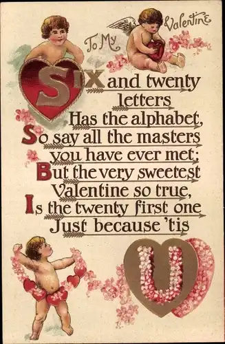 Präge Ak To my Valentine, Herzen, Putten, Blüten, Gold, Liebesschwur