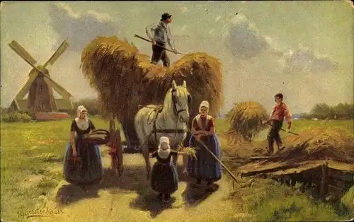 Künstler Ak Gerstenhauer, J. G., Bauern, Heu, Windmühle, Fuhrwerk, Landwirtschaft