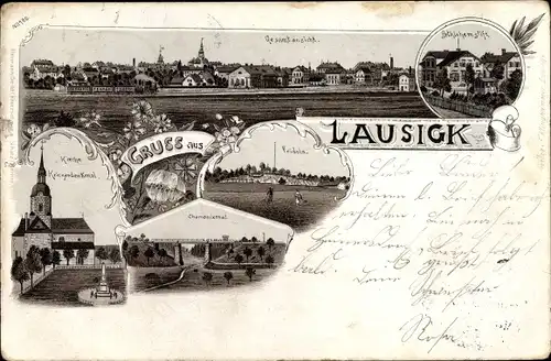 Litho Bad Lausigk in Sachsen, Bethlehemstift, Kirche, Kriegerdenkmal, Chamonixthal