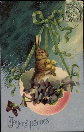 Ak Glückwunsch Ostern, Osterhase, Küken, Eierschale, Veilchen