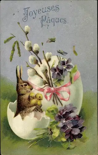 Ak Glückwunsch Ostern, Osterhase, Küken, Osterei, Weidenkätzchen, Veilchen