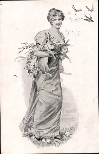 Ak Frau mit zwei Hasen und Weidenkätzchen, Schwalben
