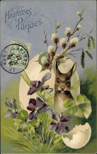 Ak Glückwunsch Ostern, Hase, Veilchen, Osterei, Weidenkätzchen
