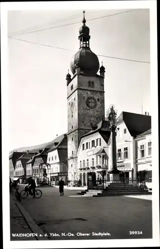 Ak Waidhofen an der Ybbs in Niederösterreich, Oberer Stadtplatz, Turm, Mariensäule