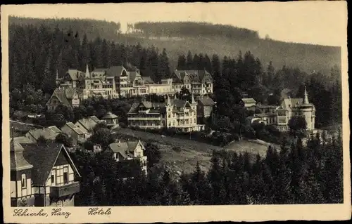 Ak Schierke Harz, Blick auf die Hotels am Waldrand, Totale