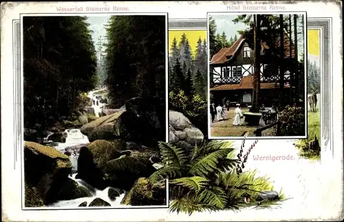 Ak Wernigerode am Harz, Hotel Steinerne Renne mit Wasserfall