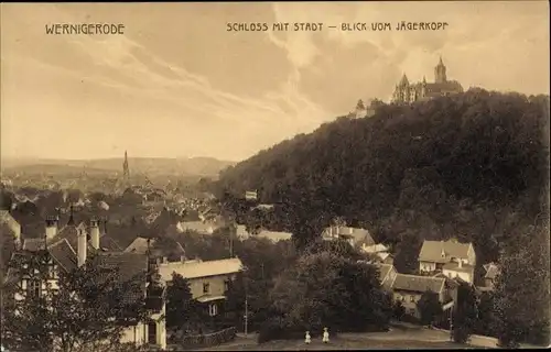 Ak Wernigerode im Harz, Schloss mit Stadt, Blick vom Jägerkopf