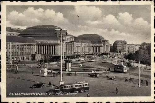 Ak Leipzig in Sachsen, Hauptbahnhof, Straßenbahnen, Fahrräder, Autos