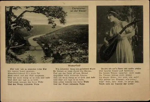 Ak Bad Karlshafen an der Weser, Weserlied, junge Frau, Laute