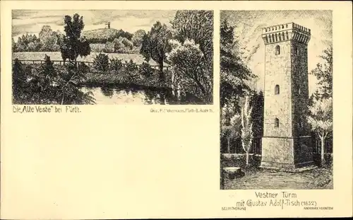 Künstler Ak Fürth in Mittelfranken Bayern, alte Veste, Vestner Turm, Gustav Adolf Tisch