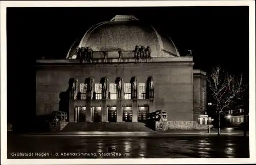 Ak Hagen in Westfalen, Abendstimmung, Stadthalle