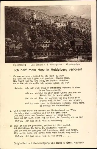 Ak Heidelberg am Neckar, Schloss, Hirschgasse, Mondenschein, Liedttext