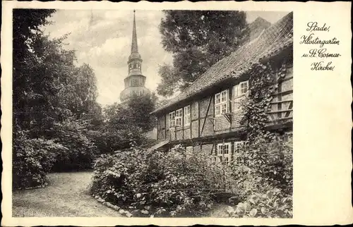 Ak Stade in Niedersachsen, Klostergarten, St. Cosmar-Kirche