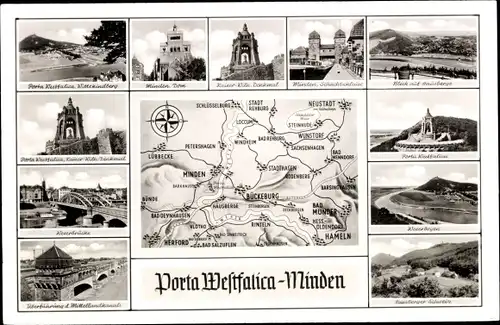 Ak Porta Westfalica an der Weser, Minden, Dom, Kaiser-Wilhelm-Denkmal, Landkarte