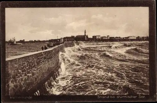 Ak Ostseebad Warnemünde Rostock, Strand, stürmische See, Café Bechlin