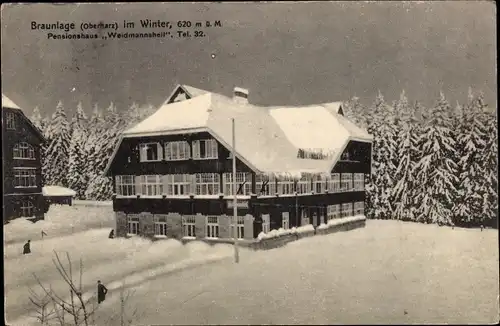 Ak Braunlage im Oberharz, Pensionshaus Weidmannsheil, Winteransicht