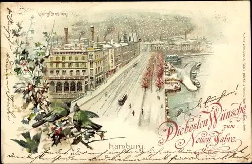 Litho Hamburg Mitte Altstadt, Blick auf den verschneiten Jungfernstieg, Glückwunsch Neujahr