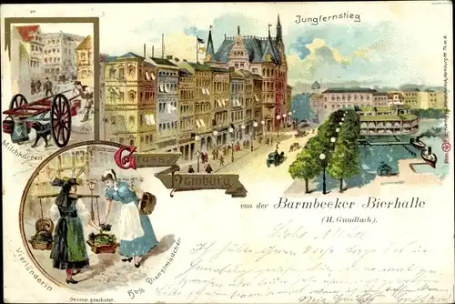 Litho Hamburg, Jungfernstieg, Milchkarren, Vierländerin, Hamburger Dienstmädchen