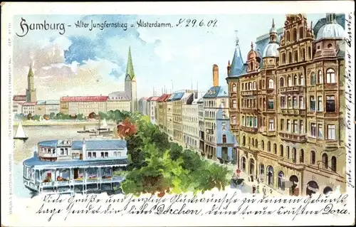 Litho Hamburg, Alter Jungfernstieg und Alsterdamm, Kirchtürme