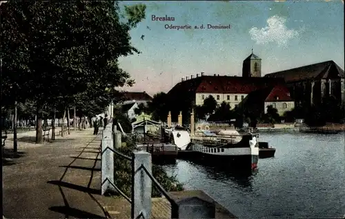 Ak Wrocław Breslau Schlesien, Oder, Dominsel, Sandkirche, Anlegestelle