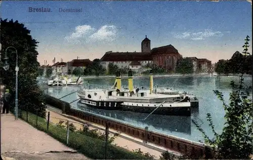 Ak Wrocław Breslau Schlesien, Dominsel, Dampfer