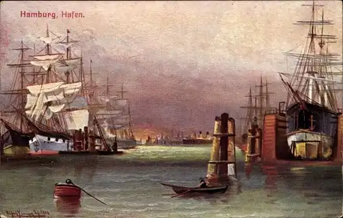 Künstler Ak Jensen, Alfred, Im Dock, Hamburger Hafen, Segelschiffe