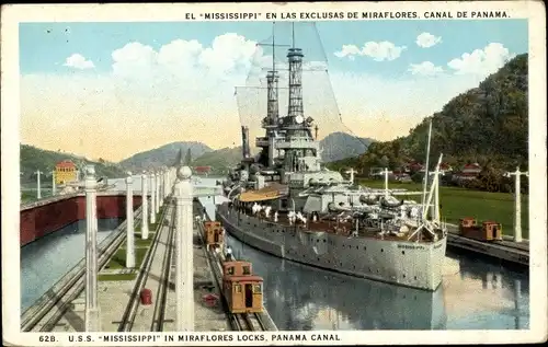 AK Panama, USS Mississippi in den Miraflores-Schleusen, Panamakanal