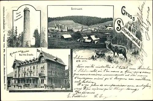 Ak Schönwald im Schwarzwald, Stöcklewald, Turm, Kurhaus zum Hirschen