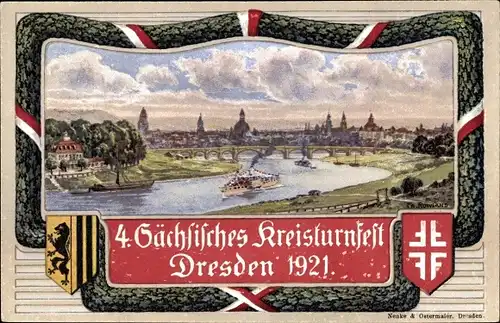 Wappen Künstler Ak Dresden, 4. Sächsisches Kreisturnfest 1921, Stadtansicht vom Waldschlösschen aus