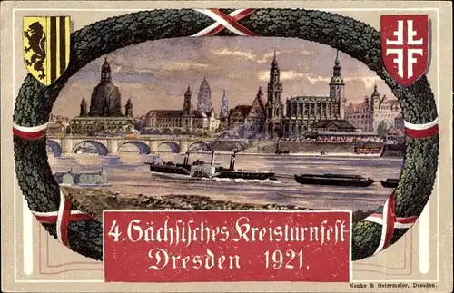 Passepartout Wappen Ak Dresden, 4. Sächsisches Kreisturnfest 1921, Friedrich August Brücke