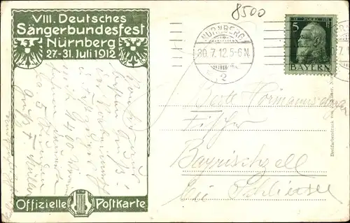 Künstler Ak Schmidt, Nürnberg in Mittelfranken Bayern, VIII Deutsches Sängerbundesfest 1912