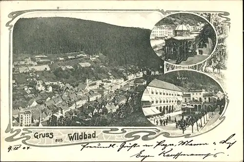 Ak Bad Wildbad, Trinkhalle, Kurplatz und Gesamtansicht