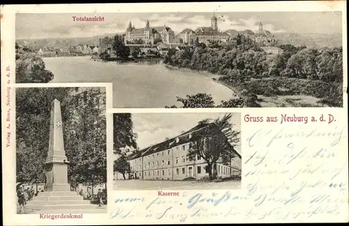 Ak Neuburg an der Donau Oberbayern, Gesamtansicht, Kriegerdenkmal, Kaserne
