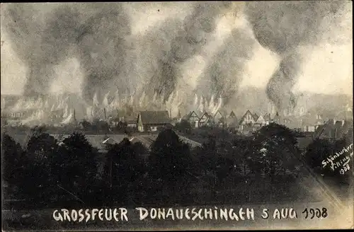 Ak Donaueschingen im Schwarzwald, Großfeuer 5. August 1908