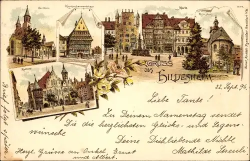 Litho Hildesheim in Niedersachsen, Dom, Rathaus, Knochenhaueramtshaus, Markt, Rosenstock