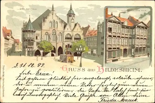 Litho Hildesheim, Das Rathaus, mittelalterliches Haus, Brunnen