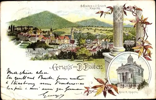 Litho Baden Baden am Schwarzwald, Teilansicht, griechische Kapelle