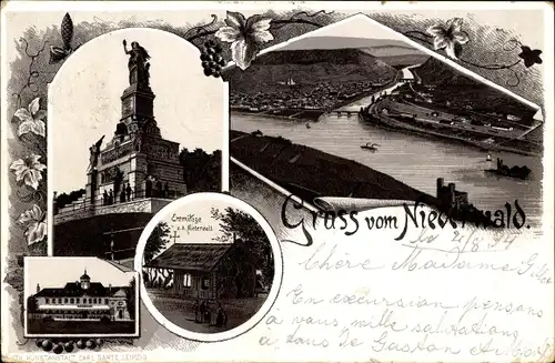 Vorläufer Litho Rüdesheim am Rhein in Hessen, Niederwalddenkmal, Eremitage, Jagdschloss, Panorama